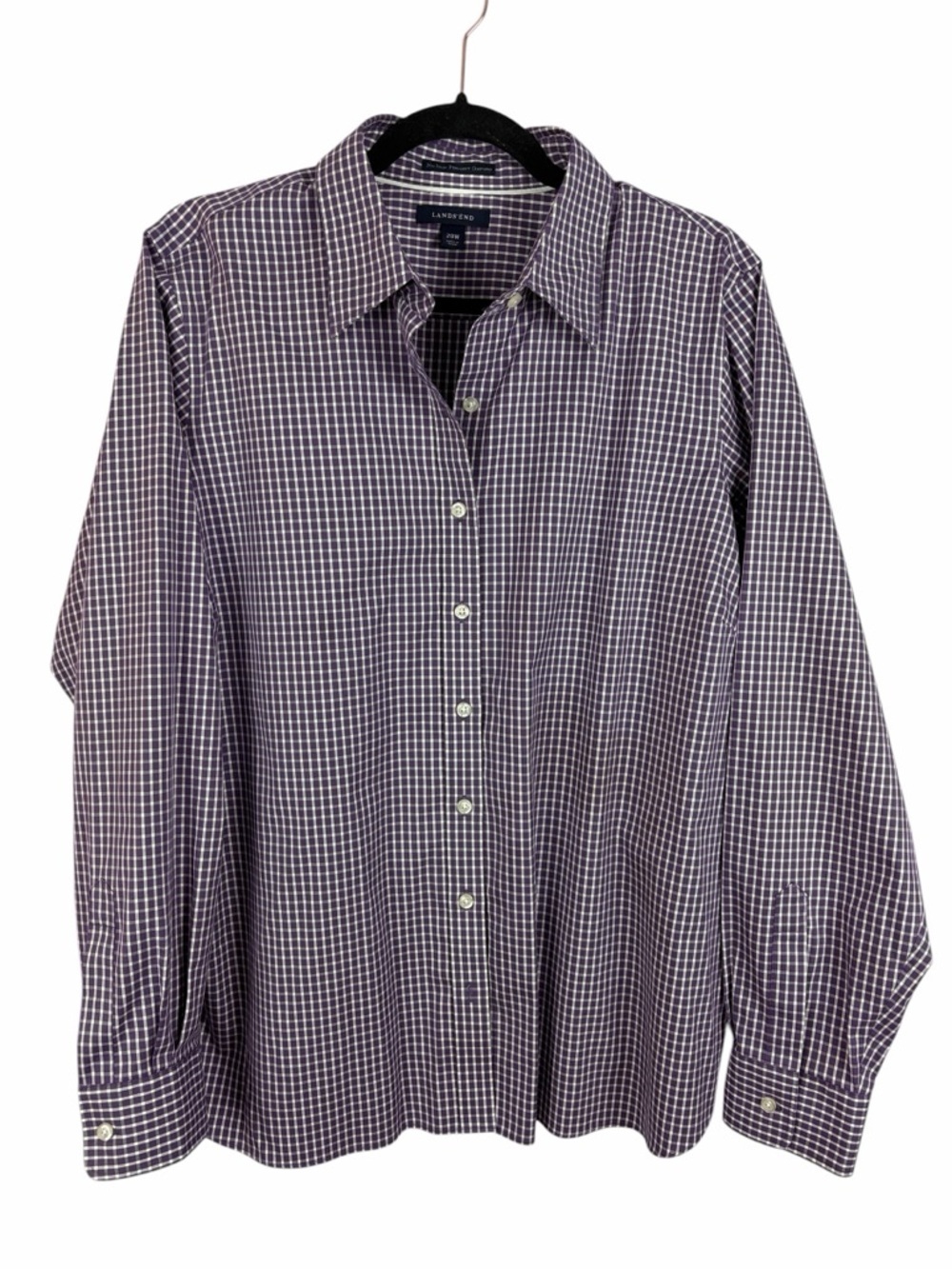 Lands’ End Purple Gingham Button Down Shirt 20W No Iron Oxford Preppy Classic